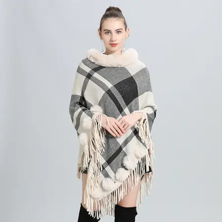 Faux Fur Plaid Knit Poncho detail