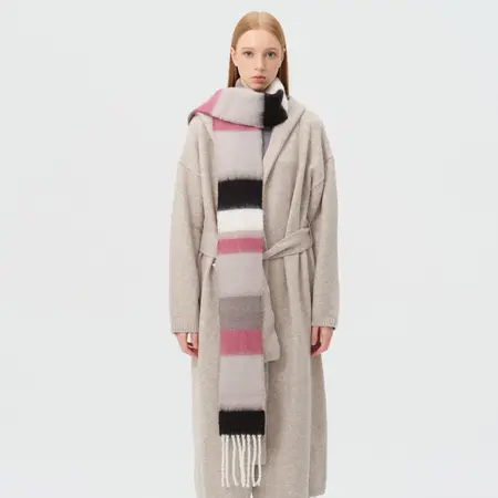 Women's 70% Wool Colorblock Striped Fringed Narrow Scarf Shawl – 220 × 14 cm detail