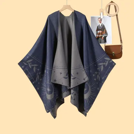Women's Faux Cashmere Fringed Reversible Poncho – 130 × 150 cm detail