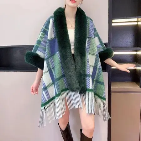 Plaid Knit Fringed Poncho detail