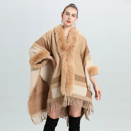 Striped Knit Fringed Poncho detail