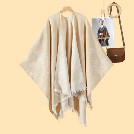 Jacquard Knit Fringed Reversible Poncho – 130 × 150 cm detail
