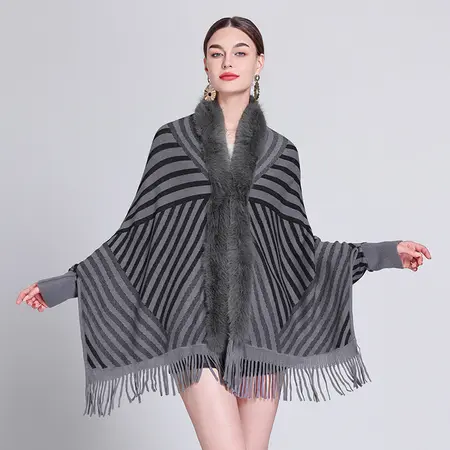 Striped Knit Fringed Poncho
