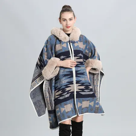 Faux Fur Jacquard Knit Poncho detail