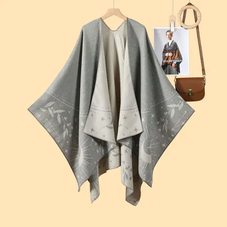 Women's Faux Cashmere Fringed Reversible Poncho – 130 × 150 cm detail
