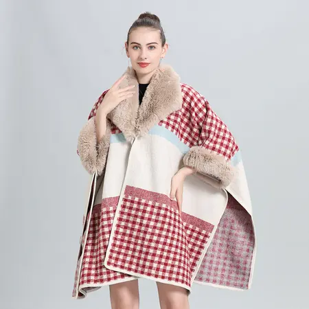 Faux Fur Jacquard Knit Poncho