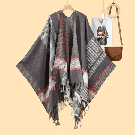 Faux Cashmere Striped Knit Fringed Poncho – 130 × 150 cm detail