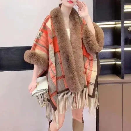 Plaid Knit Fringed Poncho detail