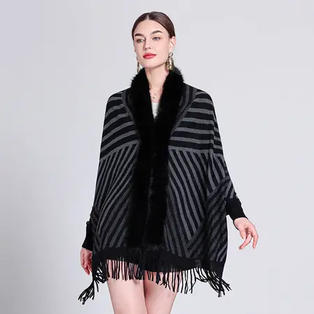 Striped Knit Fringed Poncho detail