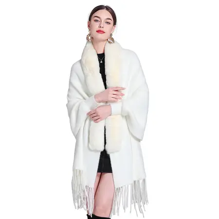 Faux Mink Knit Fringed Poncho detail