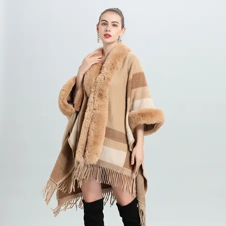 Striped Knit Fringed Poncho detail
