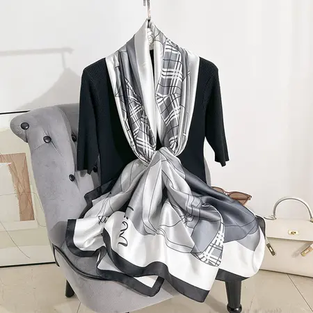 Silk Plaid Geometric Lightweight Scarf Shawl – 90 × 180cm