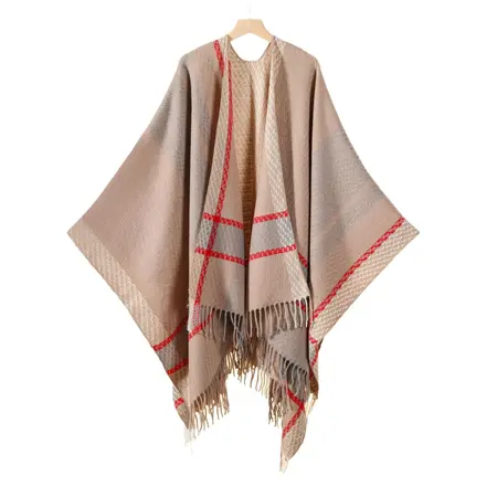 Faux Cashmere Striped Knit Fringed Poncho – 130 × 150 cm detail