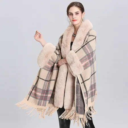 Plaid Knit Fringed Hooded Poncho detail