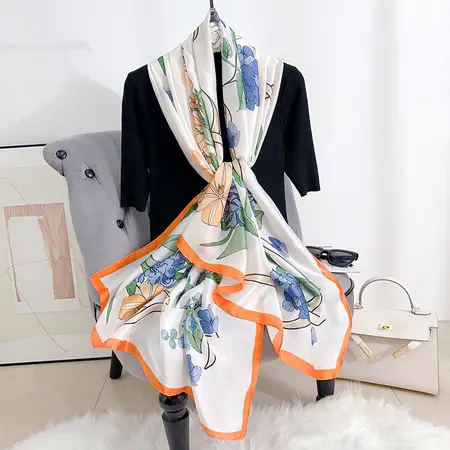 Silk Floral Printed Scarf Shawl – 90 × 180cm