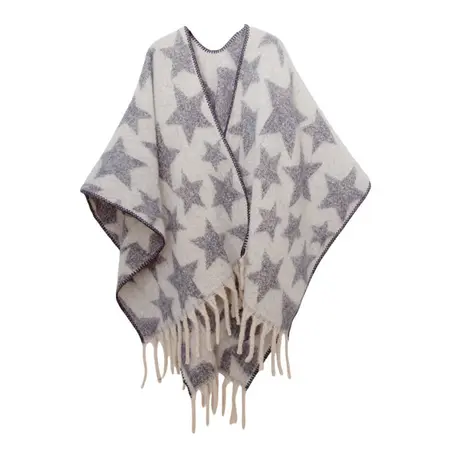 Jacquard Fringed Poncho – 165 × 125 cm + 12 cm fringe detail