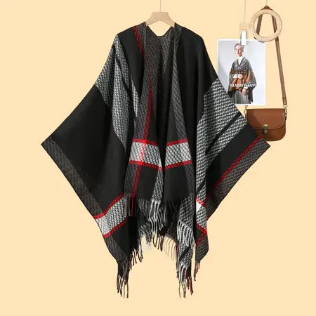 Faux Cashmere Striped Knit Fringed Poncho – 130 × 150 cm