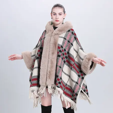 Plaid Knit Fringed Hooded Poncho detail