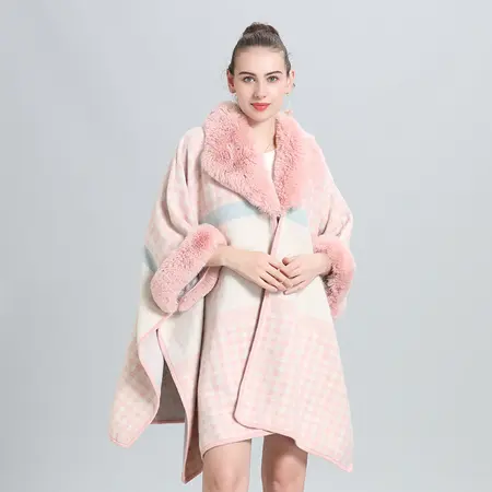 Faux Fur Jacquard Knit Poncho detail
