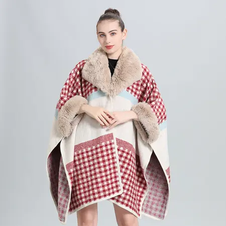 Faux Fur Jacquard Knit Poncho detail