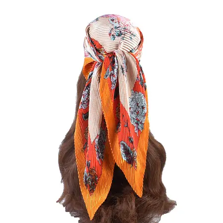 Silk Floral Pleated Vintage Scarf Shawl – 90 × 90 cm