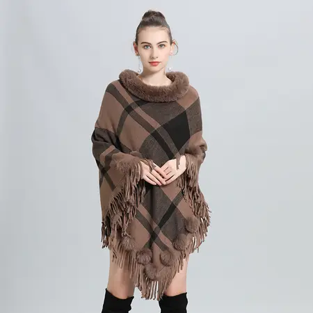 Faux Fur Plaid Knit Poncho detail
