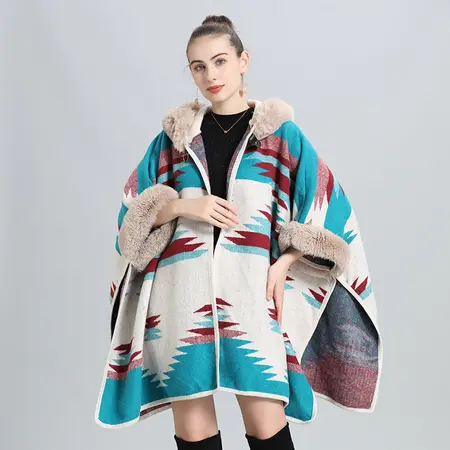 Faux Fur Jacquard Knit Poncho