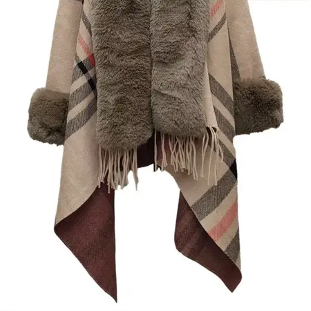Plaid Knit Fringed Oversized Poncho detail