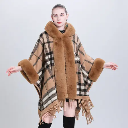 Plaid Knit Fringed Hooded Poncho detail