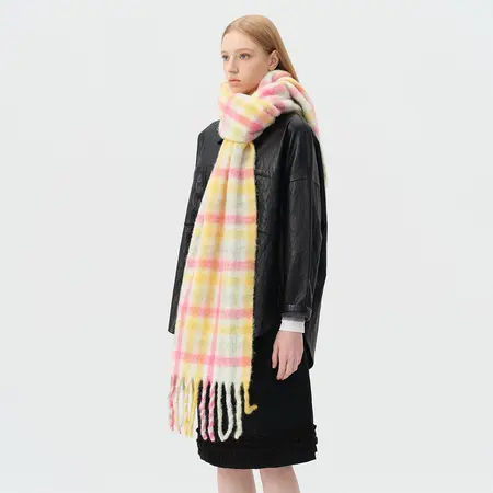 Women's Wool Blend Plaid Rainbow Scarf Shawl – 220 × 40 cm detail