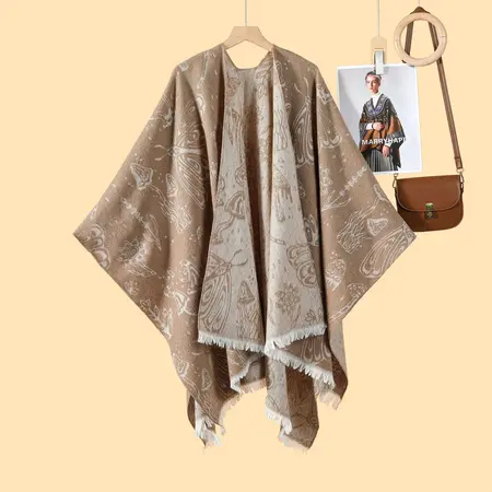 Jacquard Knit Fringed Reversible Poncho – 130 × 150 cm