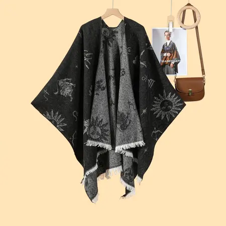 Jacquard Knit Fringed Reversible Poncho – 130 × 150 cm detail