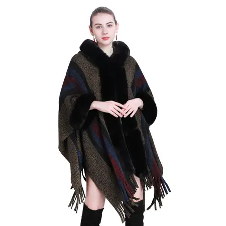 Striped Knit Fringed Hooded Poncho detail