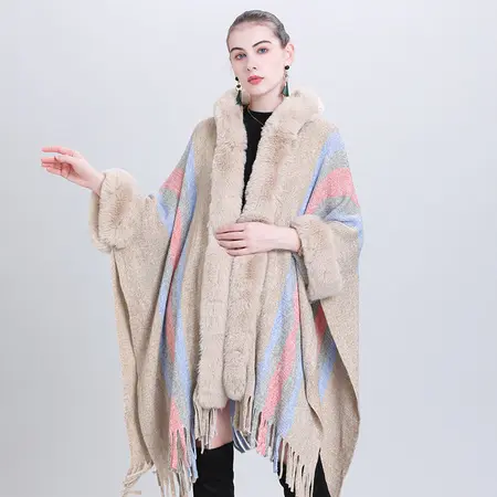 Striped Knit Fringed Hooded Poncho detail