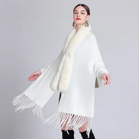 Faux Mink Knit Fringed Poncho detail