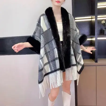 Plaid Knit Fringed Poncho detail