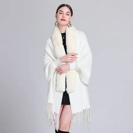 Faux Mink Knit Fringed Poncho detail