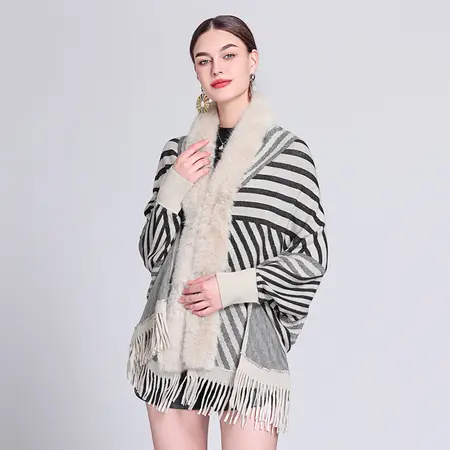 Striped Knit Fringed Poncho detail