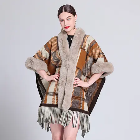 Plaid Knit Fringed Poncho detail