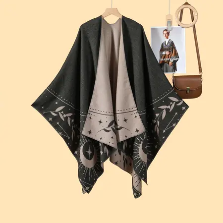 Women's Faux Cashmere Fringed Reversible Poncho – 130 × 150 cm detail