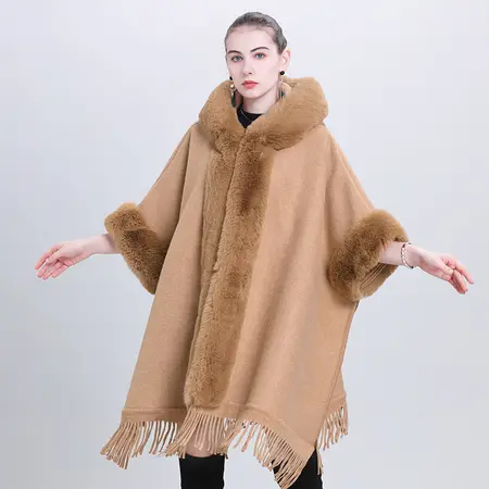 Plaid Knit Fringed Hooded Poncho detail