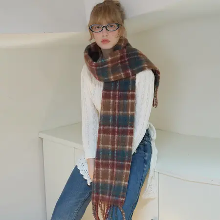 Women's 40% Wool Plaid Vintage Scarf Shawl – 200 × 28 cm