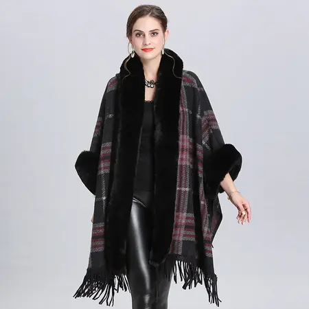 Plaid Knit Fringed Hooded Poncho detail