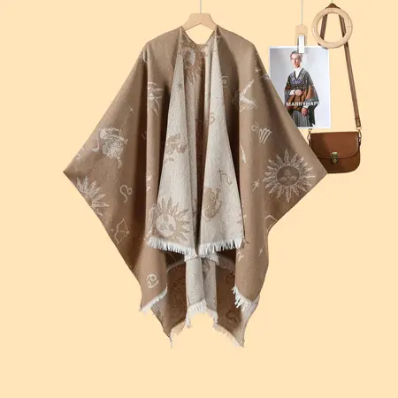 Jacquard Knit Fringed Reversible Poncho – 130 × 150 cm detail