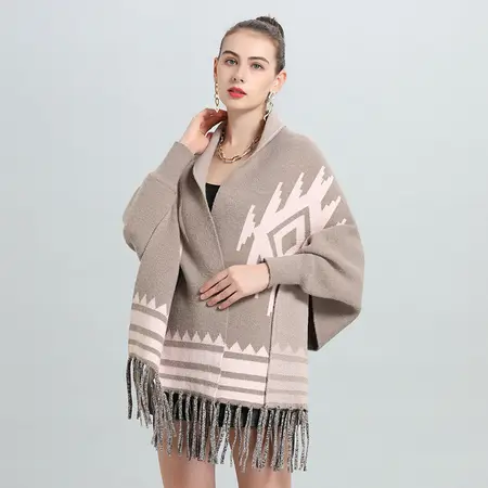 Striped Knit Fringed Poncho detail