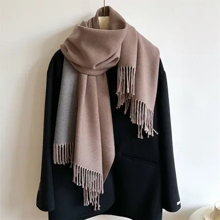 Unisex Faux Cashmere Solid Color Fringed Reversible Scarf Shawl – 200 × 65 cm