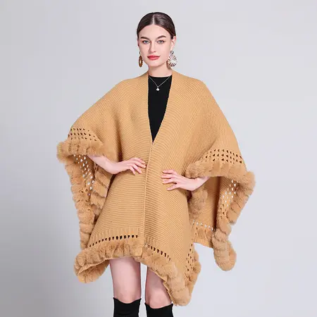 Solid Color Knit Poncho detail
