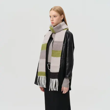 Women's 70% Wool Colorblock Striped Fringed Narrow Scarf Shawl – 220 × 14 cm detail