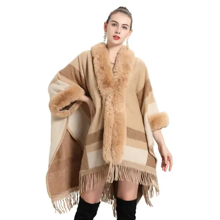 Striped Knit Fringed Poncho detail