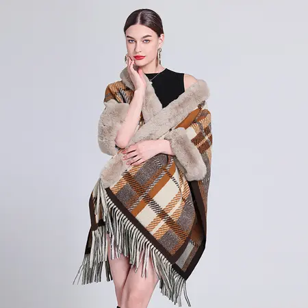 Plaid Knit Fringed Poncho